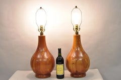 Vintage Mid Century Modern Bulbous Sculpted Swedish Pine Wood Table Lamps, Pair