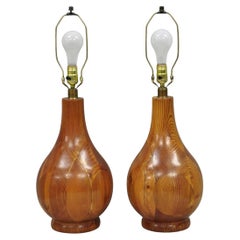 Vintage Mid Century Modern Bulbous Sculpted Swedish Pine Wood Table Lamps, Pair