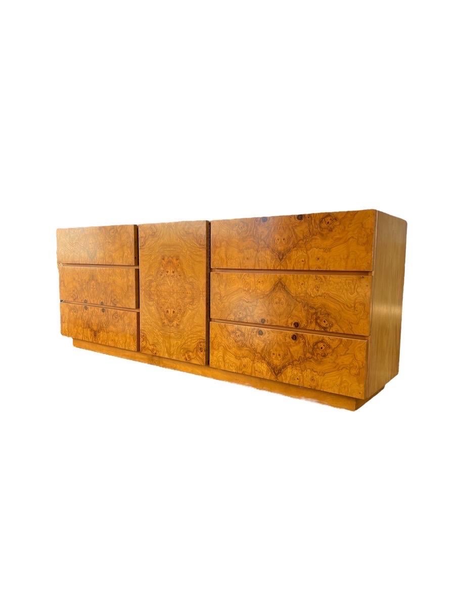 Vintage Mid-Century Modern burl wood 9 drawer dresser cabinet by Lane Furniture 

Dimensions. 78 W ; 30 H ; 18 D.