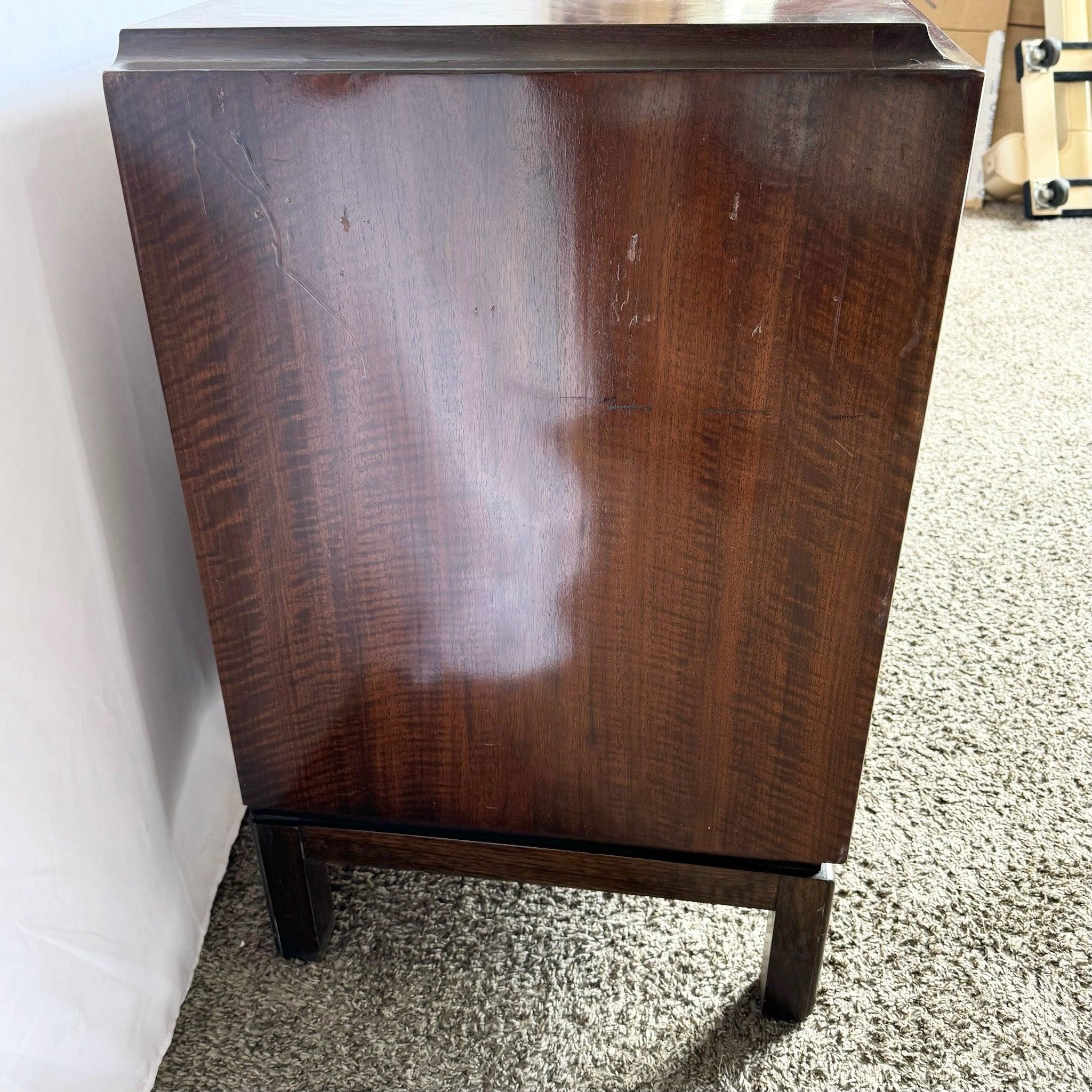 Mid-Century Modern Burl Wood Dresser by Thomasville—nine drawers, sculpted arches, and vintage walnut grain elegance.​
 
 Some wear to the surfaces and edges as shown in the photos. 
 
 We sell items as acquired, without restoring or repairing.