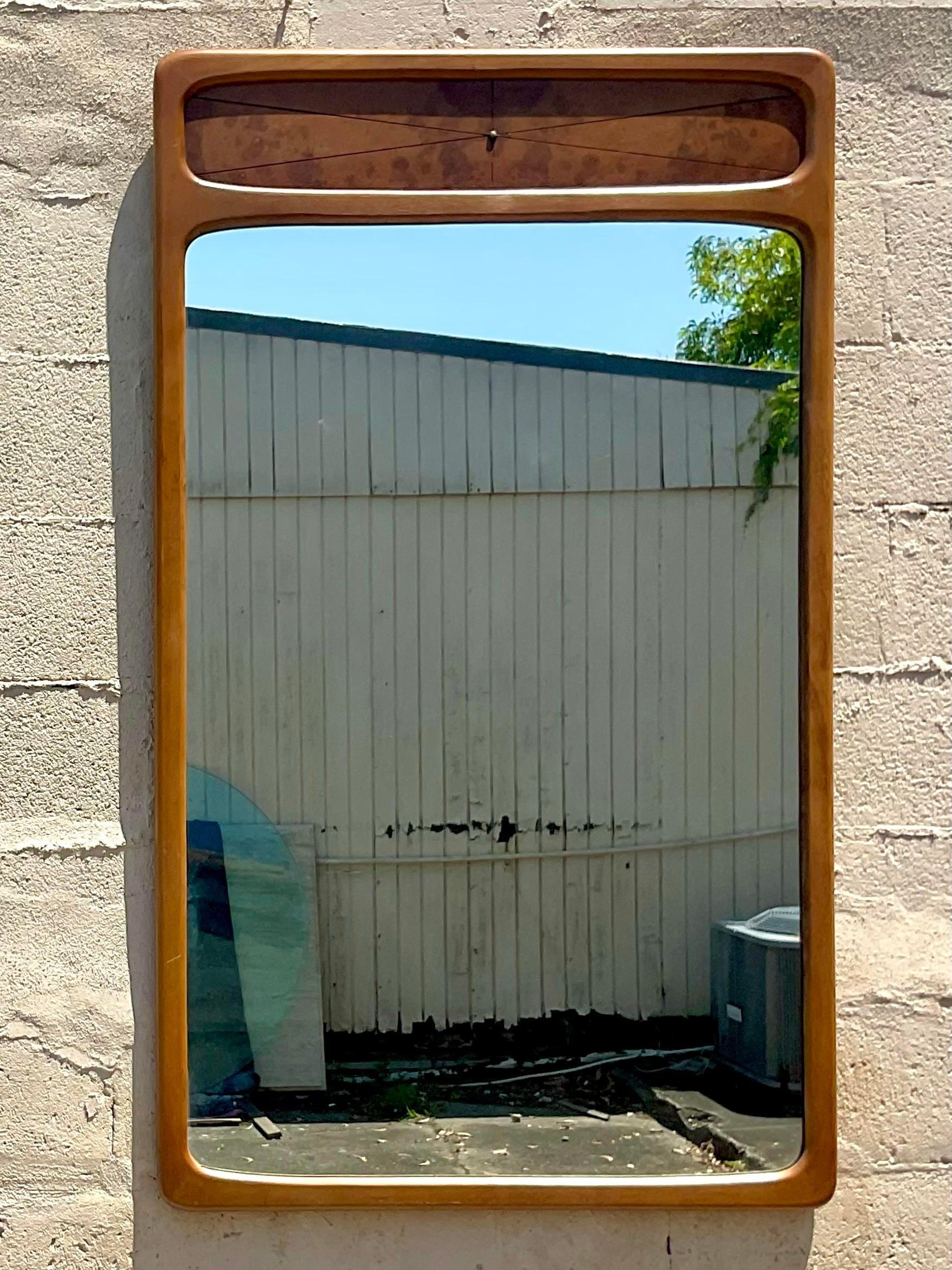 Vintage Mid-Century Modern Burl Wood Mirror In Good Condition For Sale In west palm beach, FL