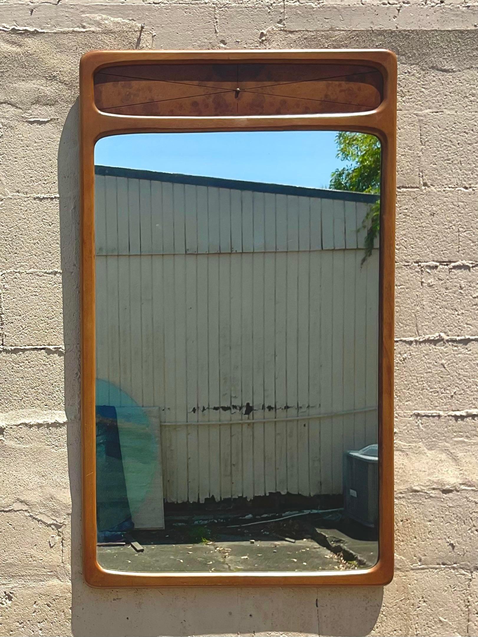 20th Century Vintage Mid-Century Modern Burl Wood Mirror For Sale