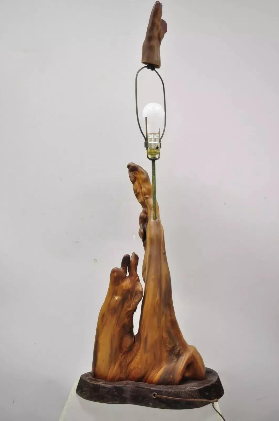 Vintage Mid Century Modern Burl Wood Tiki Jungle Room Large Table Lamp For Sale 5