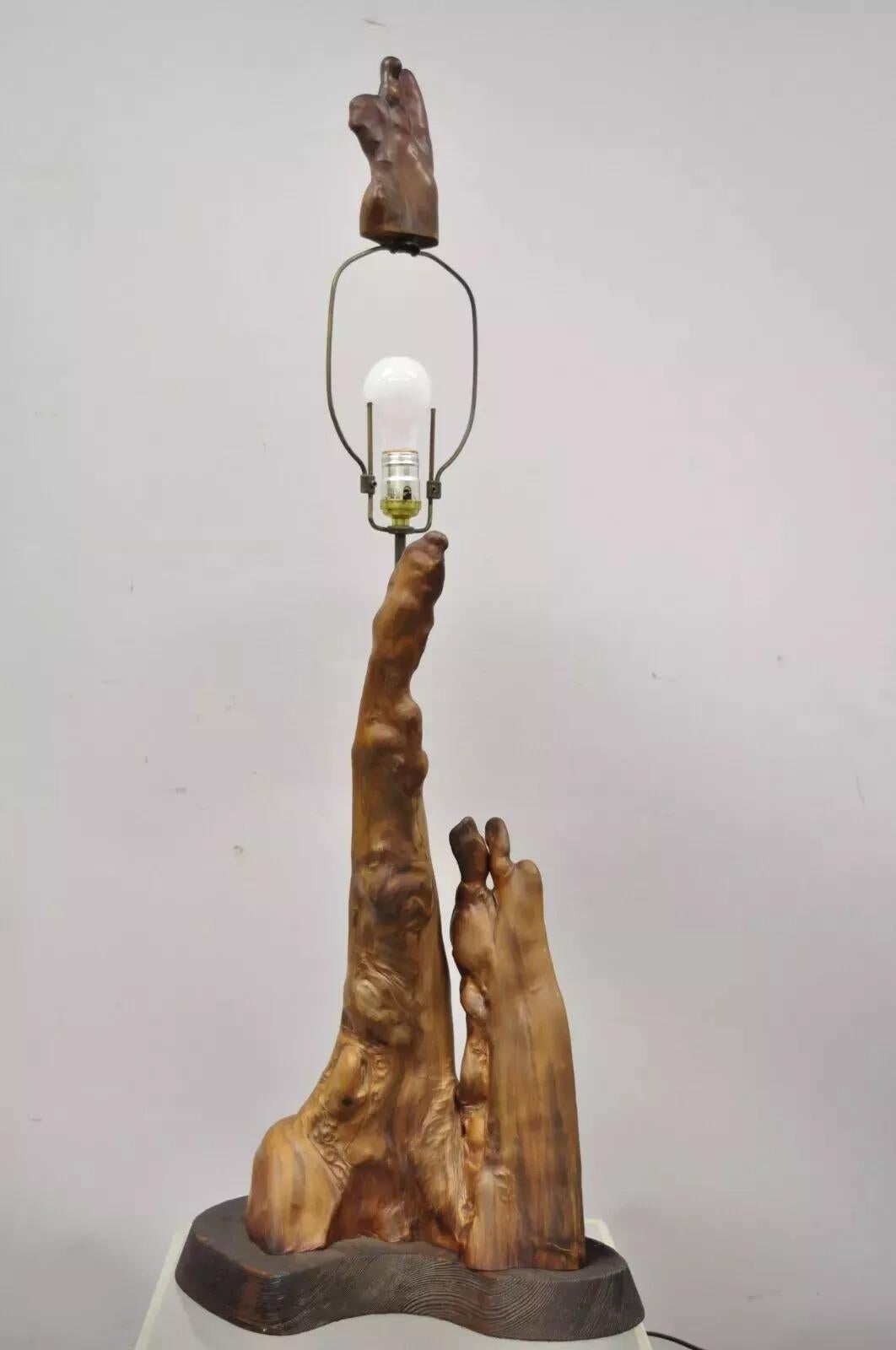 Vintage Mid Century Modern Burl Wood Tiki Jungle Room Large Table Lamp. Item features a large burl wood finial, burl wood body, wooden stand, solid wood construction, beautiful wood grain, very nice vintage item, sleek sculptural form. Circa Mid