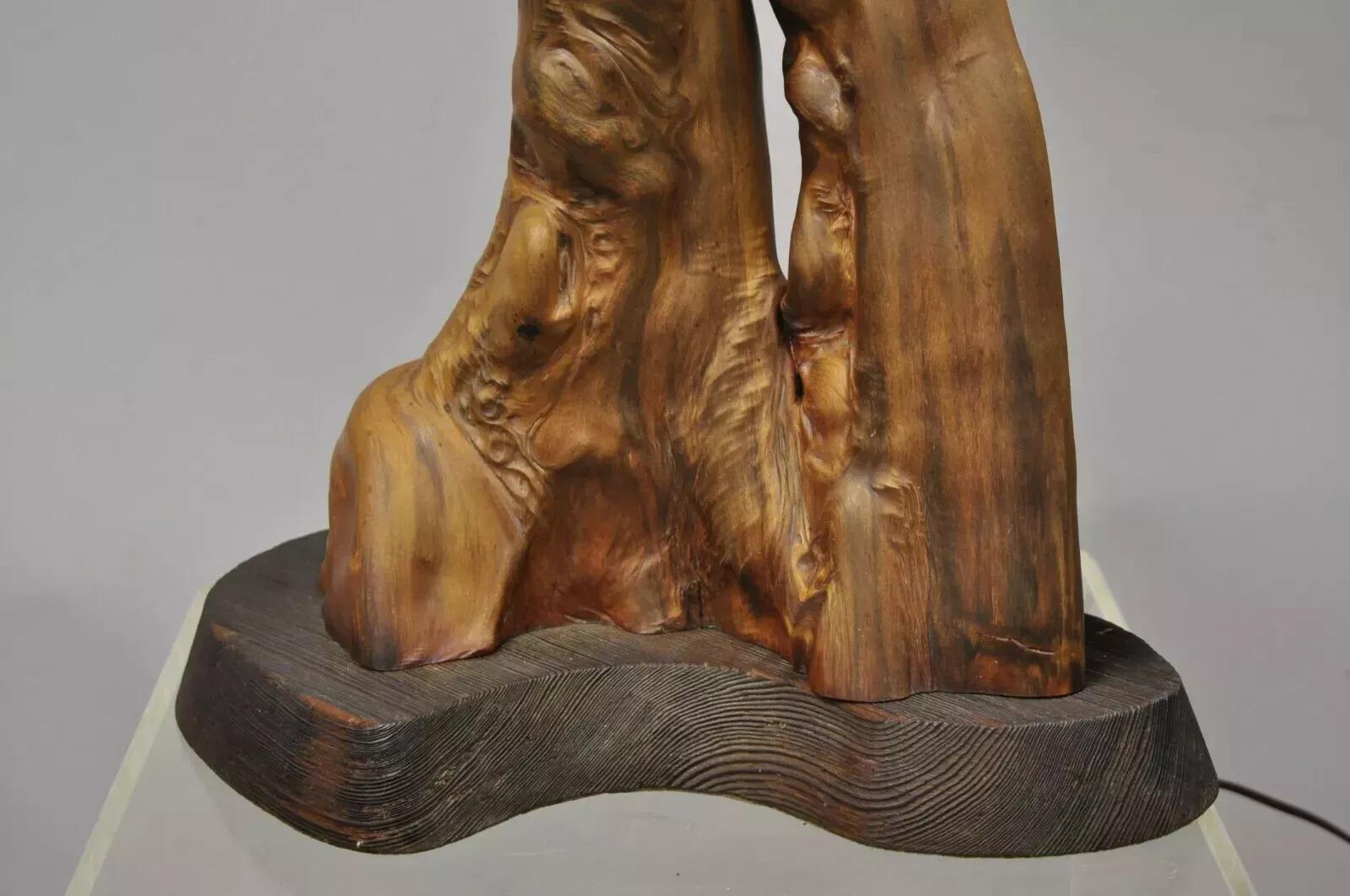 20th Century Vintage Mid Century Modern Burl Wood Tiki Jungle Room Large Table Lamp For Sale