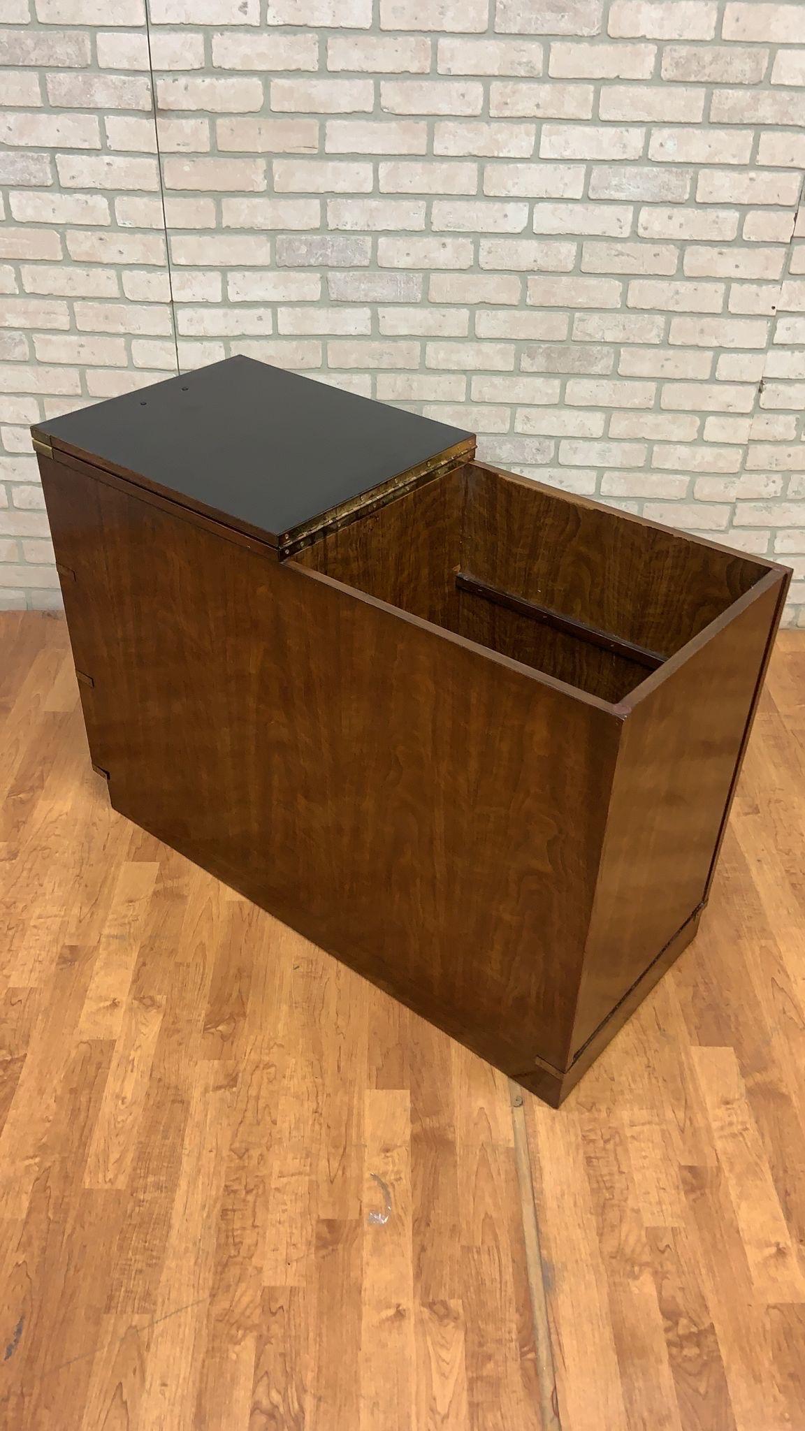 Vintage Mid Century Modern Campaign Style Lift Top 3 Drawer Executive File Chest by Drexel

Vintage mid century modern campaign style lift top 3 drawer executive file chest. This has been hand crafted using mahogany finished with veneer and has