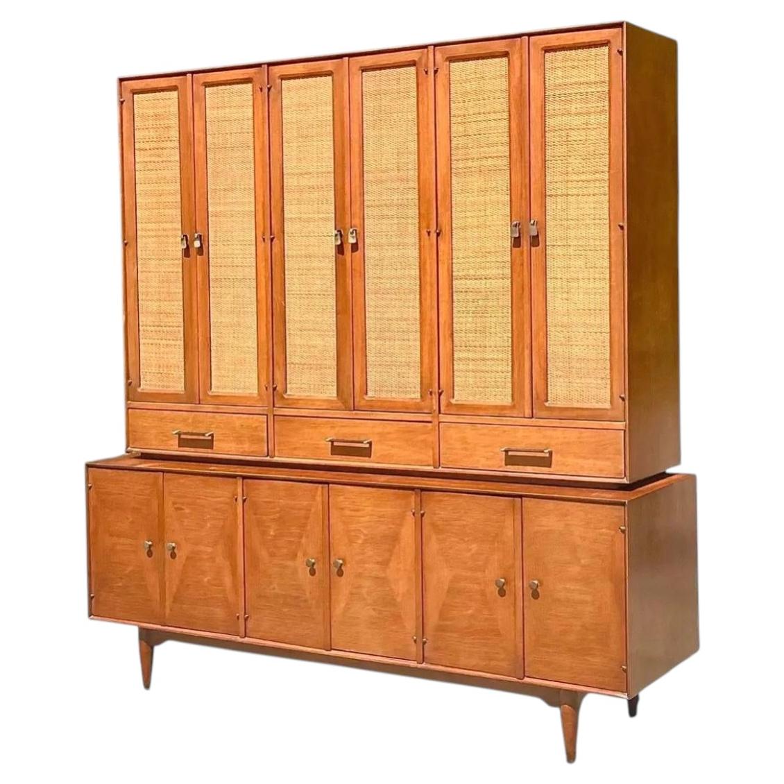 Vintage Mid-Century Modern Cane Front Cabinet For Sale