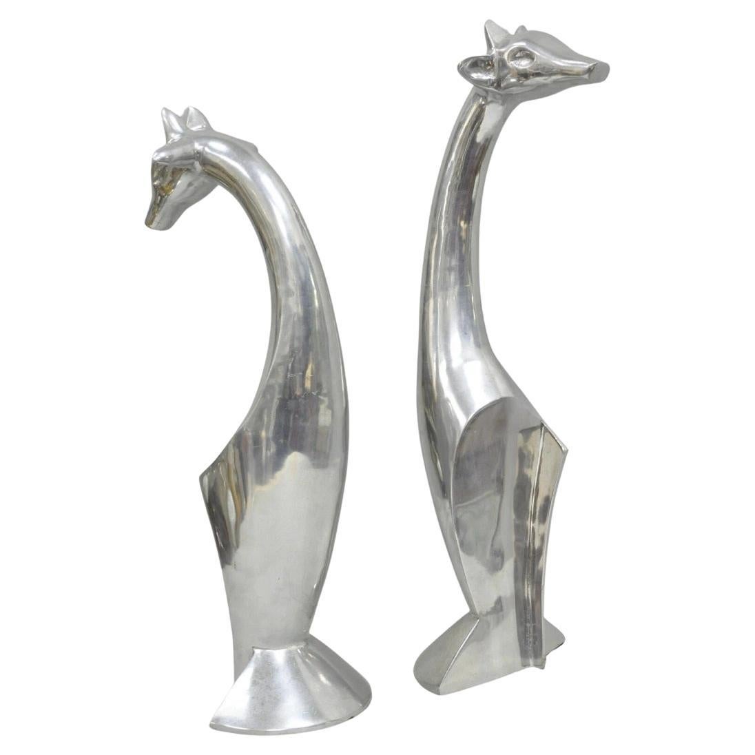Vintage Mid Century Modern Cast Aluminum Silver Giraffe Sculptures - a Pair