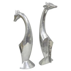 Vintage Mid Century Modern Cast Aluminum Silver Giraffe Sculptures - a Pair