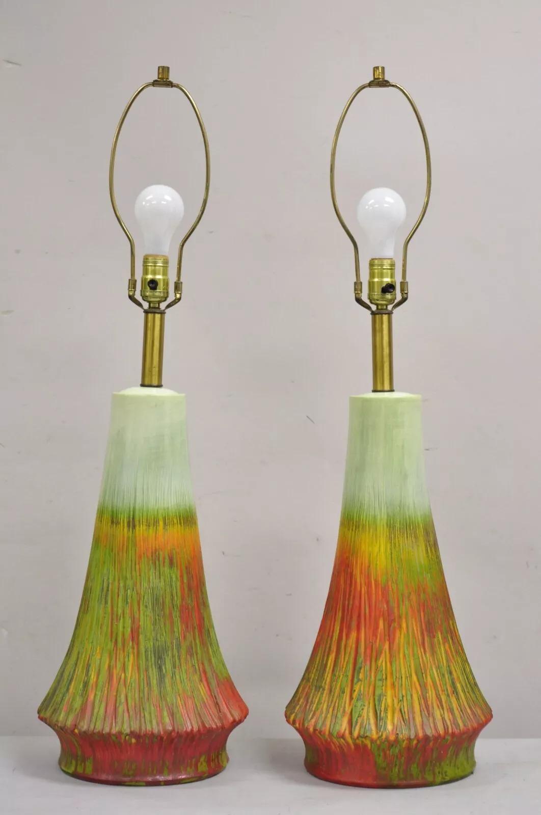 Paire de lampes de table vintage en céramique verte orange flammée, de style moderne du milieu du siècle dernier en vente 4