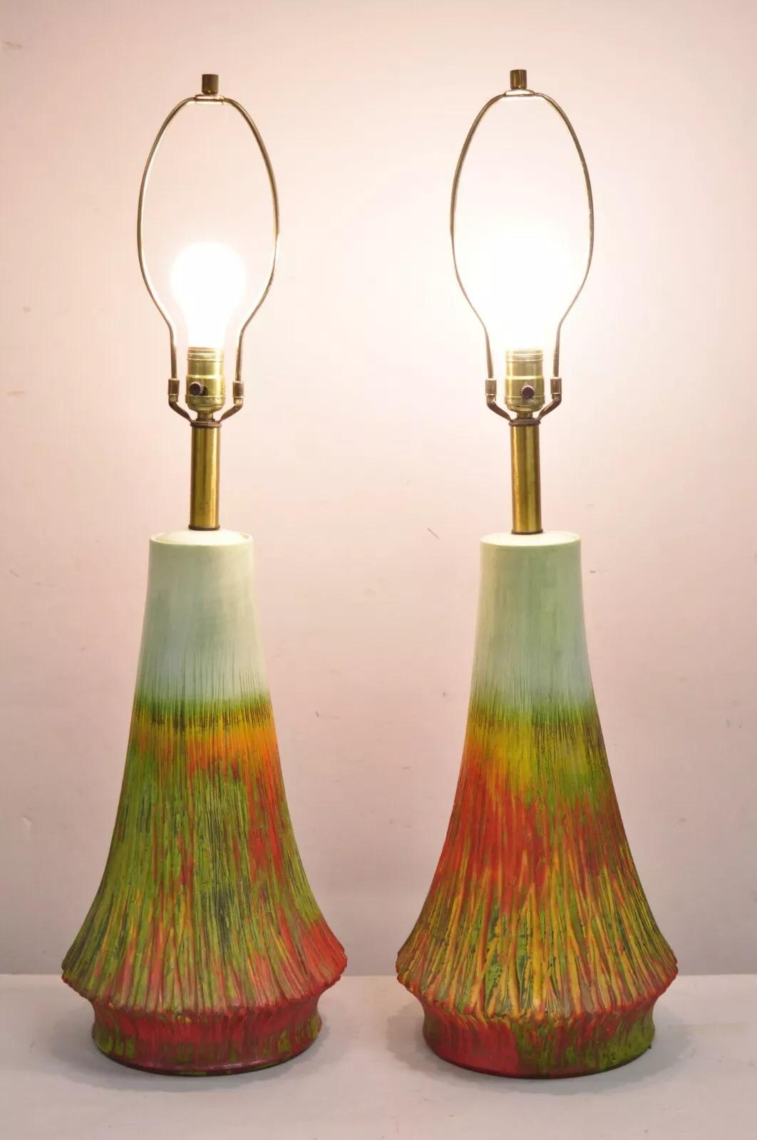 Paire de lampes de table Vintage Mid Century Modern Ceramic Pottery Green and Orange 