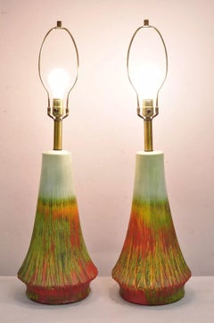 Vintage Mid Century Modern Ceramic Pottery Green Orange Flame Table Lamp - Pair
