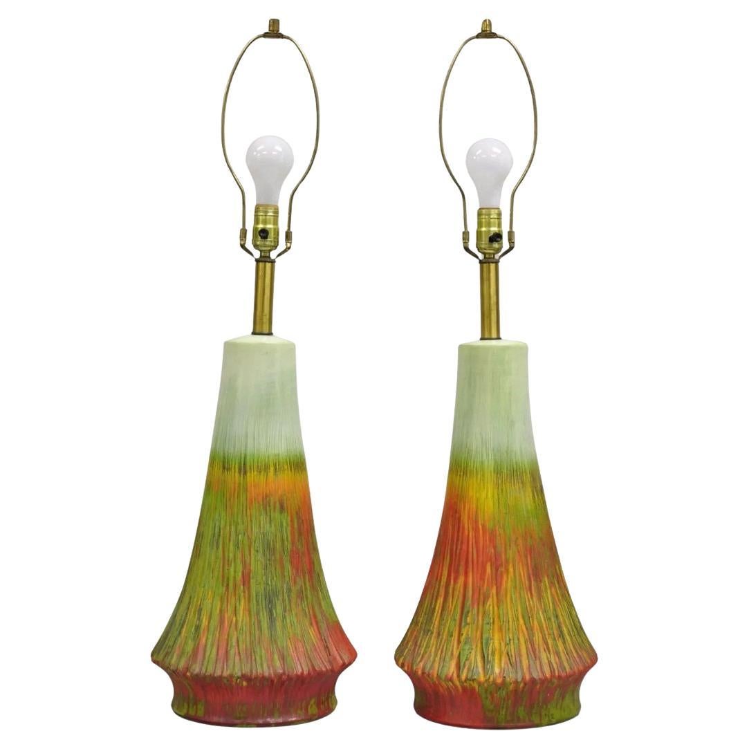 Vintage Mid Century Modern Ceramic Pottery Green Orange Flame Table Lamp - Pair