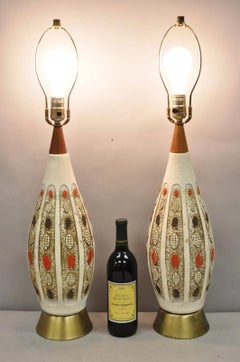 Vintage Mid Century Modern Ceramic Pottery Sculpted Teak Wood Table Lamps - Pair
