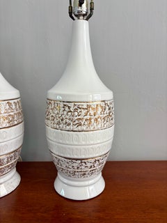 Vintage Mid-Century Modern Ceramic Table Lamps, White with Gilt Accents, a Pair