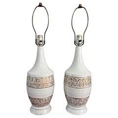 Vintage Mid-Century Modern Ceramic Table Lamps, White with Gilt Accents, a Pair