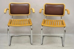 Vintage Mid Century Modern Cesca Chair Cantilever Chrome Frame Wood Seat - Pair
