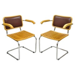 Vintage Mid Century Modern Cesca Chair Cantilever Chrome Frame Wood Seat - Pair