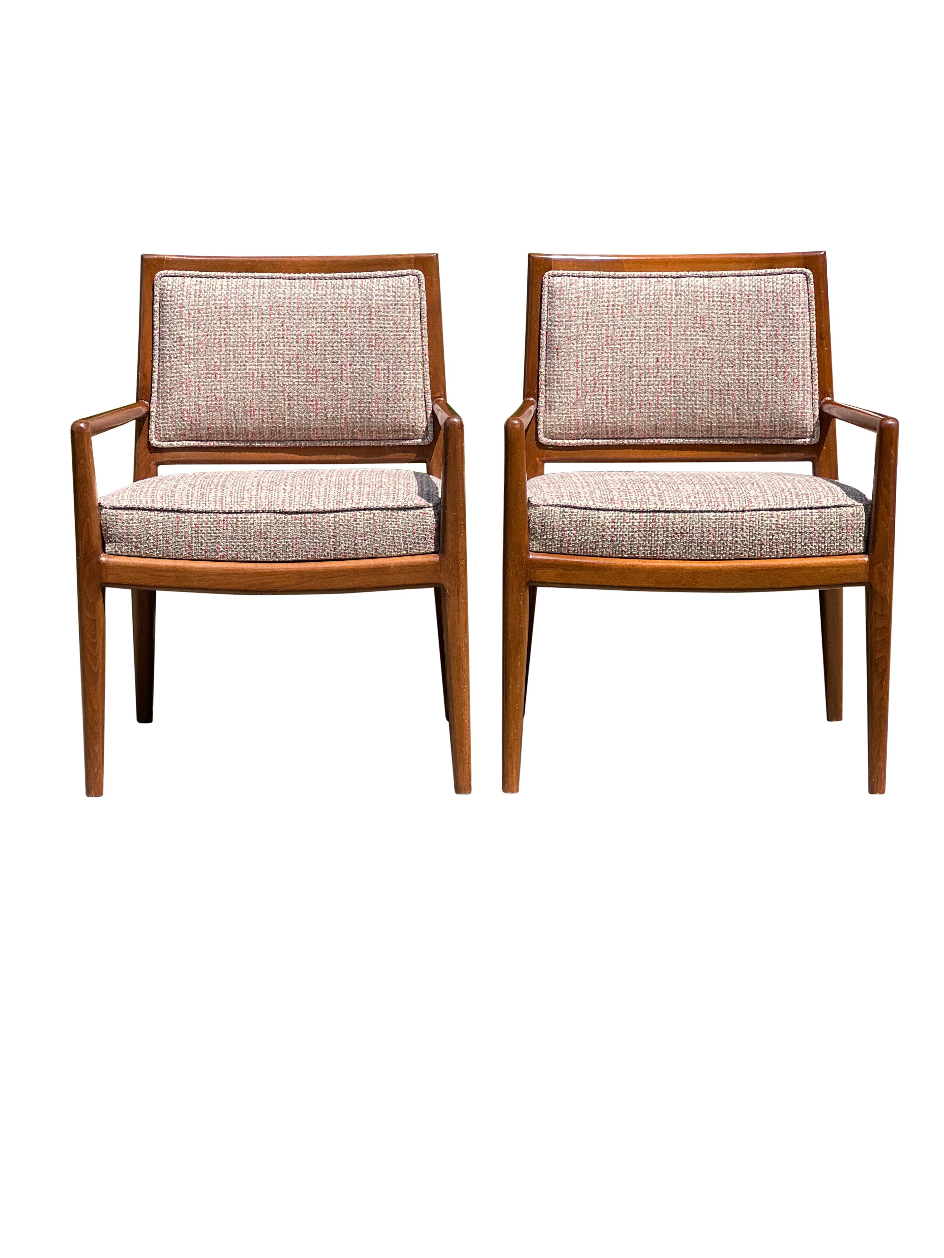 Handsome pair of vintage Mid Century Modern side chairs.

Sturdy and beautifully crafted, these substantial chairs have been newly reupholstered in a neutral, designer tweed texture fabric.  A versatile and impressive pair.