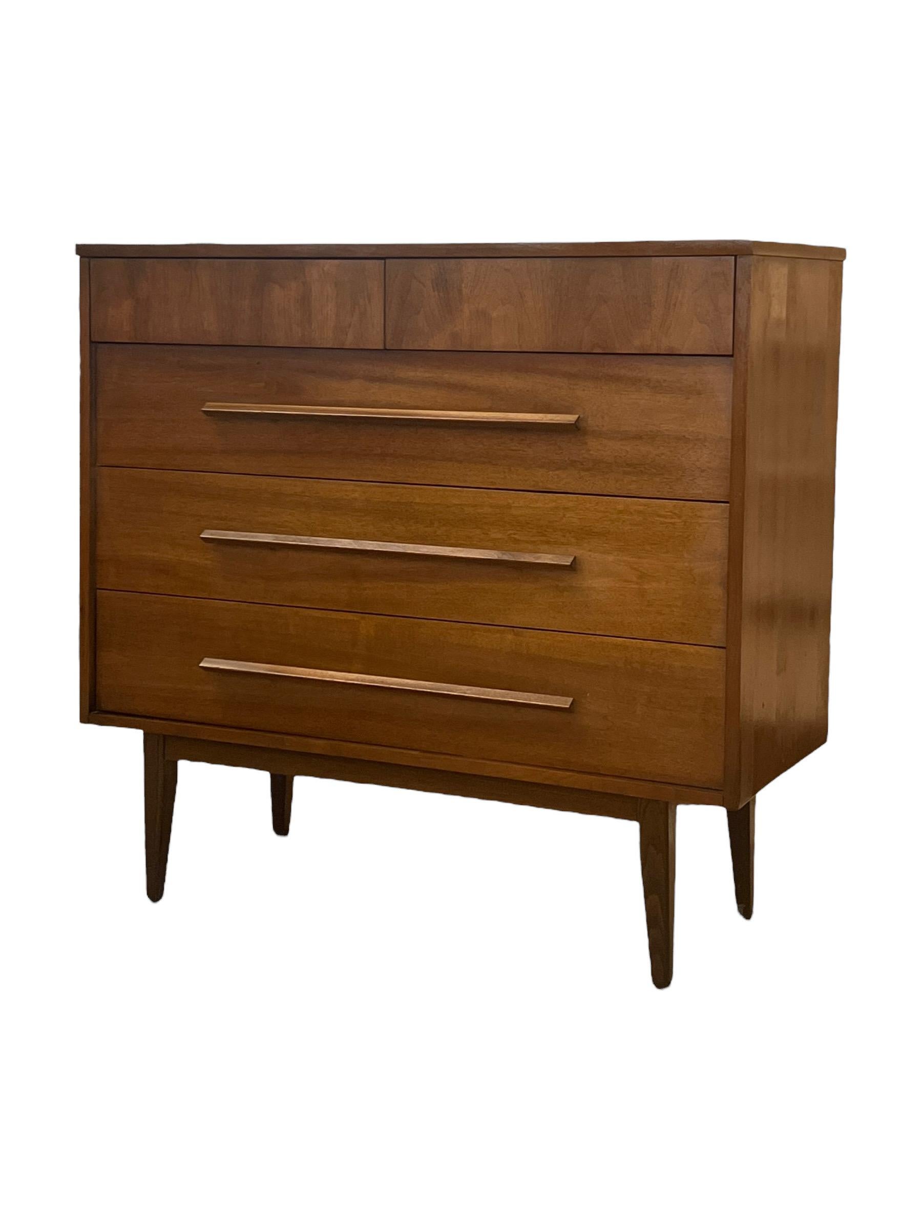 Vintage Mid Century Modern Cherry Wood Tallboy Dresser and End Table Set In Good Condition For Sale In Seattle, WA