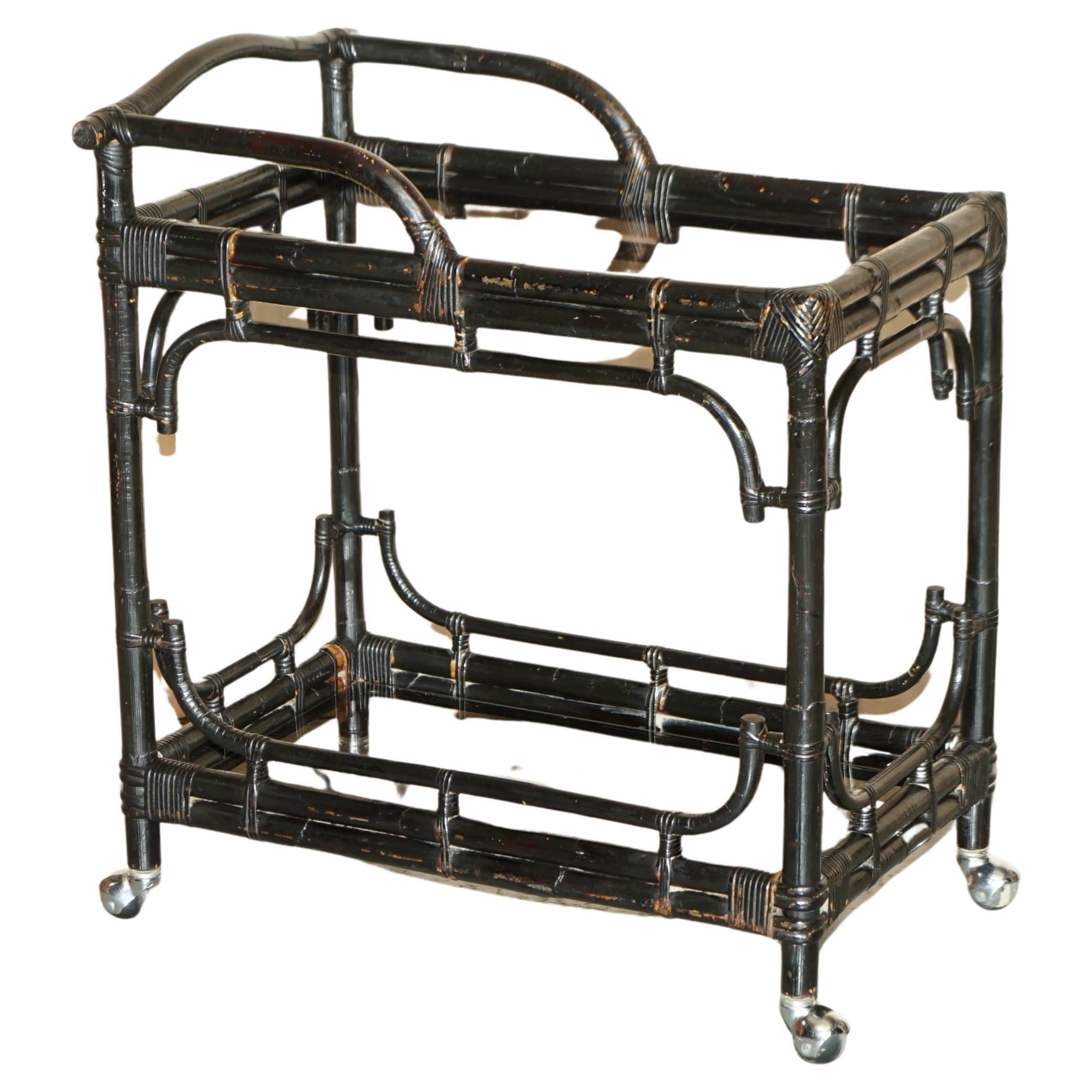 Vintage Mid Century Modern Chinese Ebonised Drinks Serving Trolley Bamboo Frame For Sale