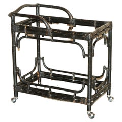Retro Mid Century Modern Chinese Ebonised Drinks Serving Trolley Bamboo Frame
