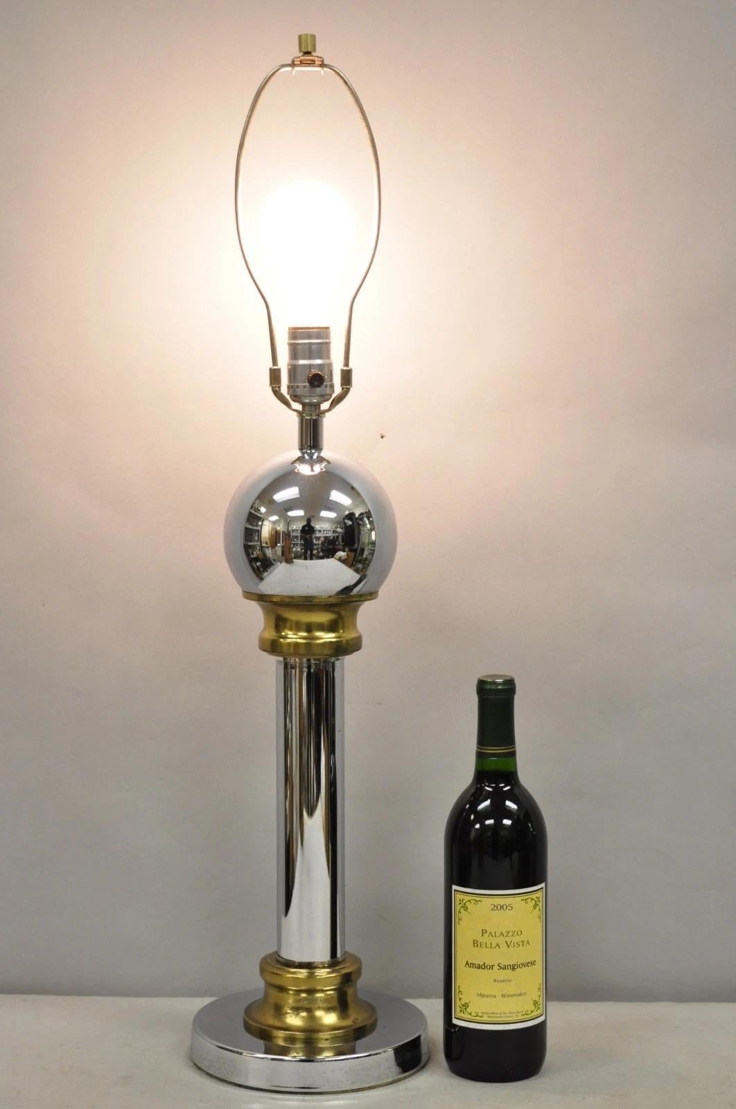 Vintage Mid Century Modern Chrome Ball & Column George Kovacs Style Table Lamp w/ Brass Plated Accents. Circa Late 20th Century. Dimensions : 30