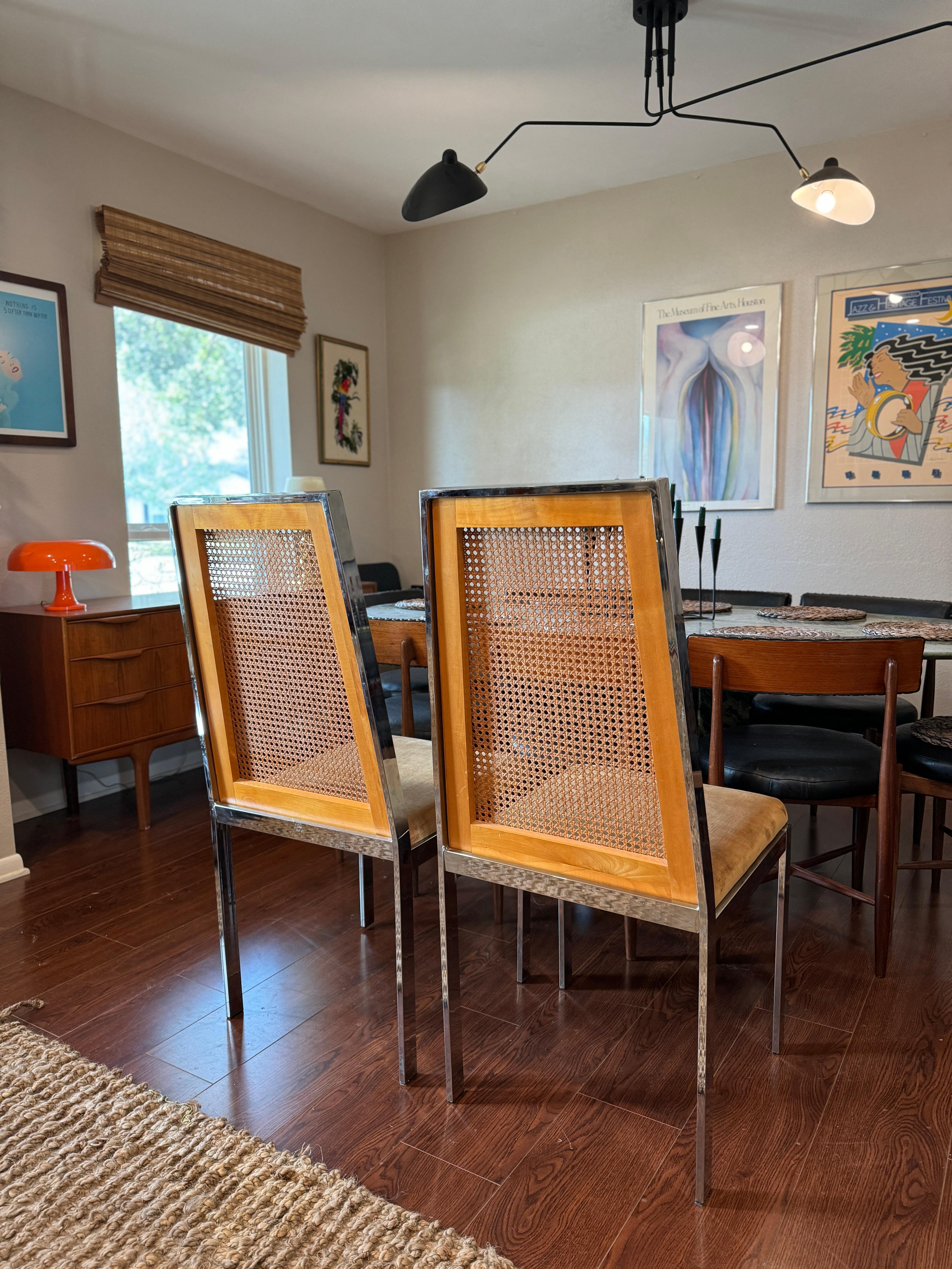 Cane Vintage mid century modern chrome chairs with a cane backing, circa 1960s For Sale