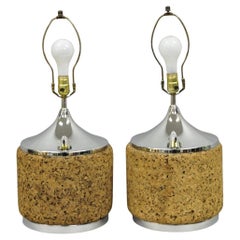 Vintage Mid Century Modern Chrome & Cork Round Sculpted Table Lamps - a Pair