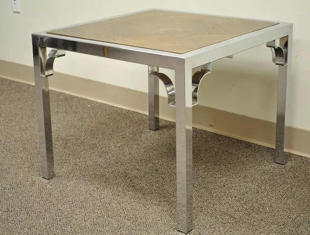 Vintage Mid Century Modern Chrom Laubsägearbeiten & Nussbaum Quadratische Beistelltisch im Angebot 4