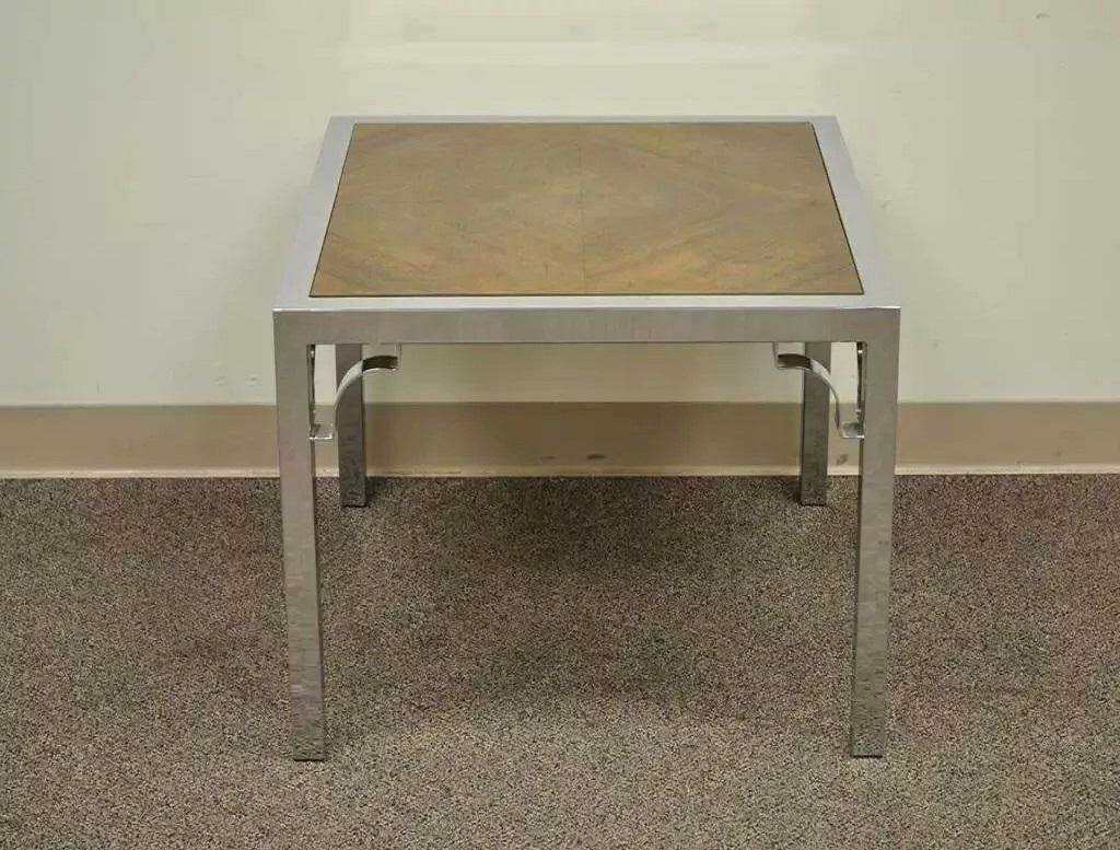 Vintage Mid Century Modern Chrom Laubsägearbeiten & Nussbaum Quadratische Beistelltisch im Angebot 3