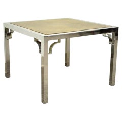 Mesa auxiliar cuadrada de madera de nogal y calado cromado, vintage y moderna de mediados de siglo
