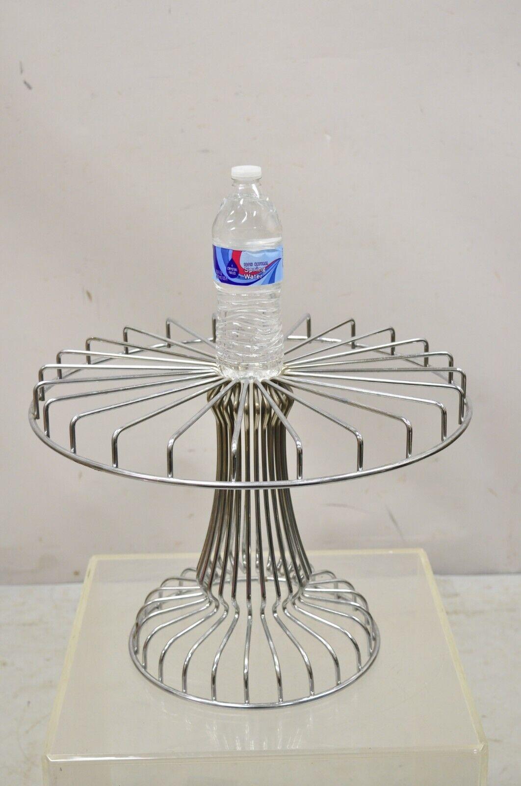 Vintage Mid-Century Modern Chrome Metal Wire Pedestal Cake Stand. Item is similar to the works of Mathieu Mategot, metal frame, clean modernist lines, great style and form. Circa Mid to Late 20th Century. Measurements: 12