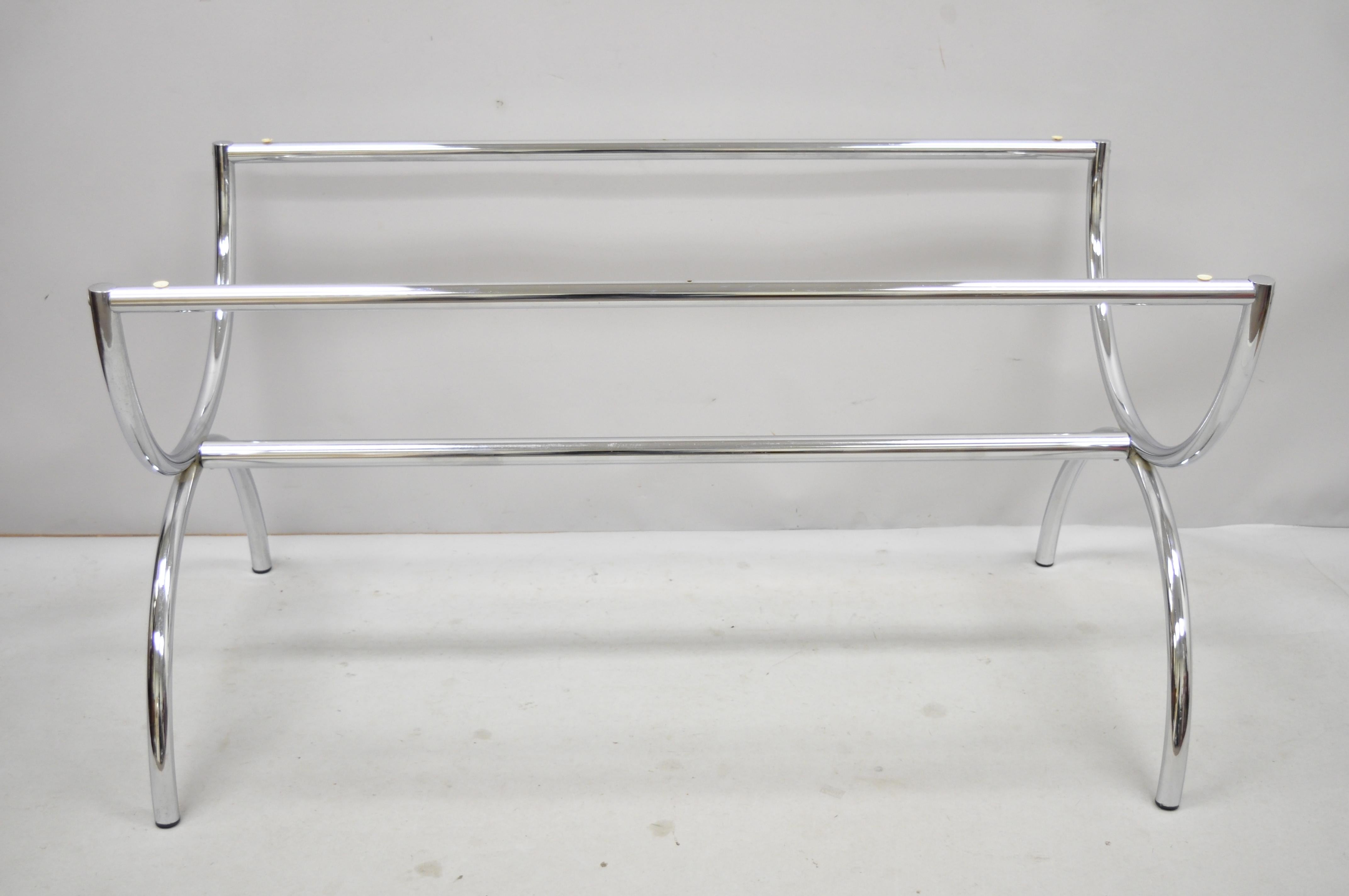 Vintage Mid-Century Modern chrome Milo Baughman style dining table desk base. Item includes a polished chrome frame, X-form sides stretcher base, sleek sculptural form. Base only. Does not include glass top, circa mid-late 20th century.