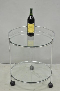 Vintage Mid Century Modern Chrome Round Glass 2 Tier Rolling Bar Cart Side Table