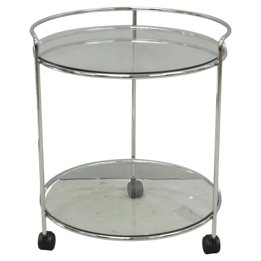 Vintage Mid Century Modern Chrome Round Glass 2 Tier Rolling Bar Cart Side Table