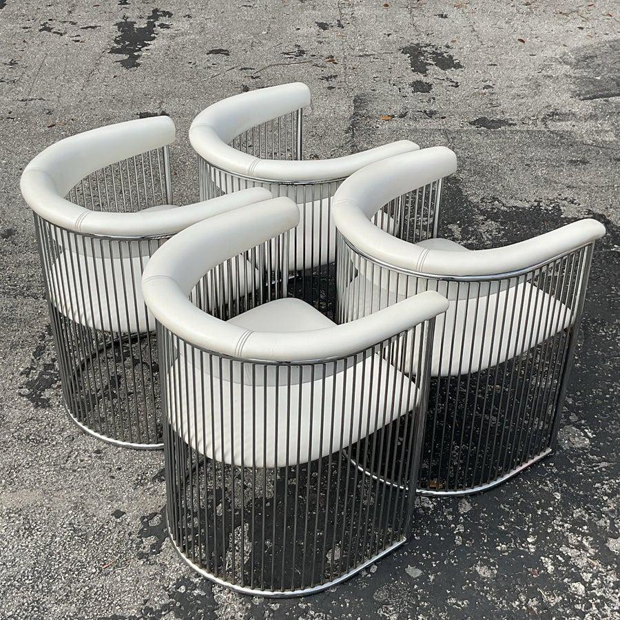 Metal Vintage Mid-Century Modern Chrome Tub Dining Chairs After Plattner - Set of 4 For Sale