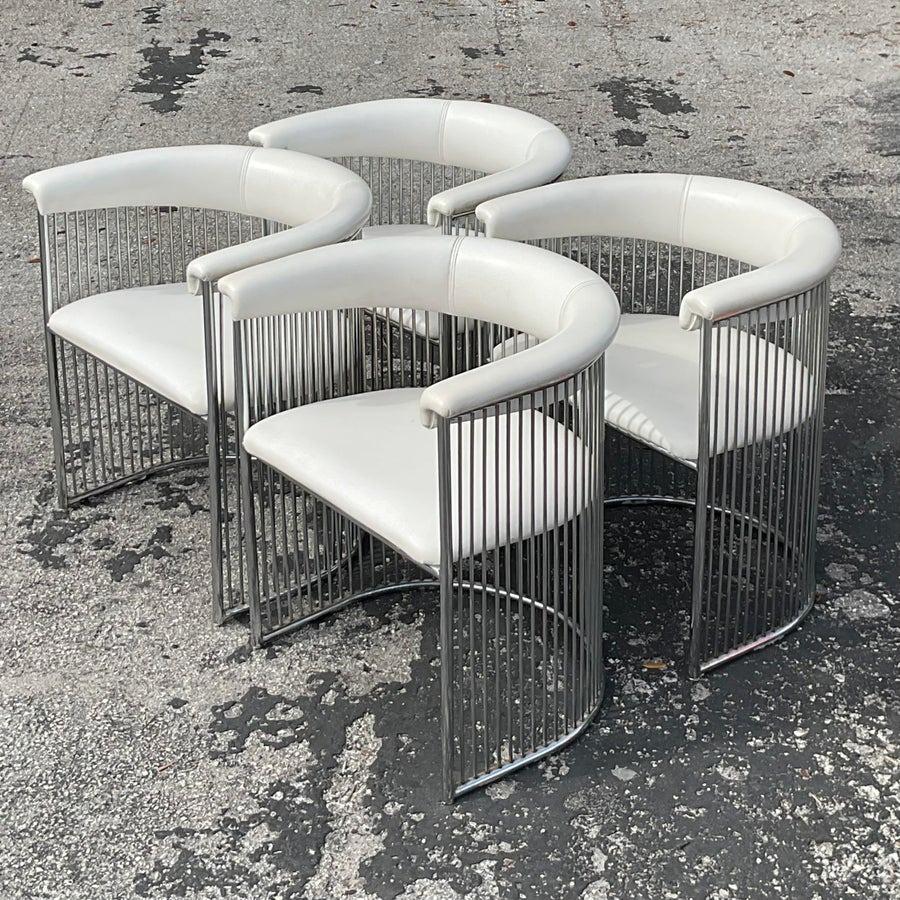 Vintage Mid-Century Modern Chrome Tub Dining Chairs After Plattner - Set of 4 For Sale 1