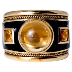 Vintage Mid Century Modern Citrine Black Enamel Wide Cigar Band Ring