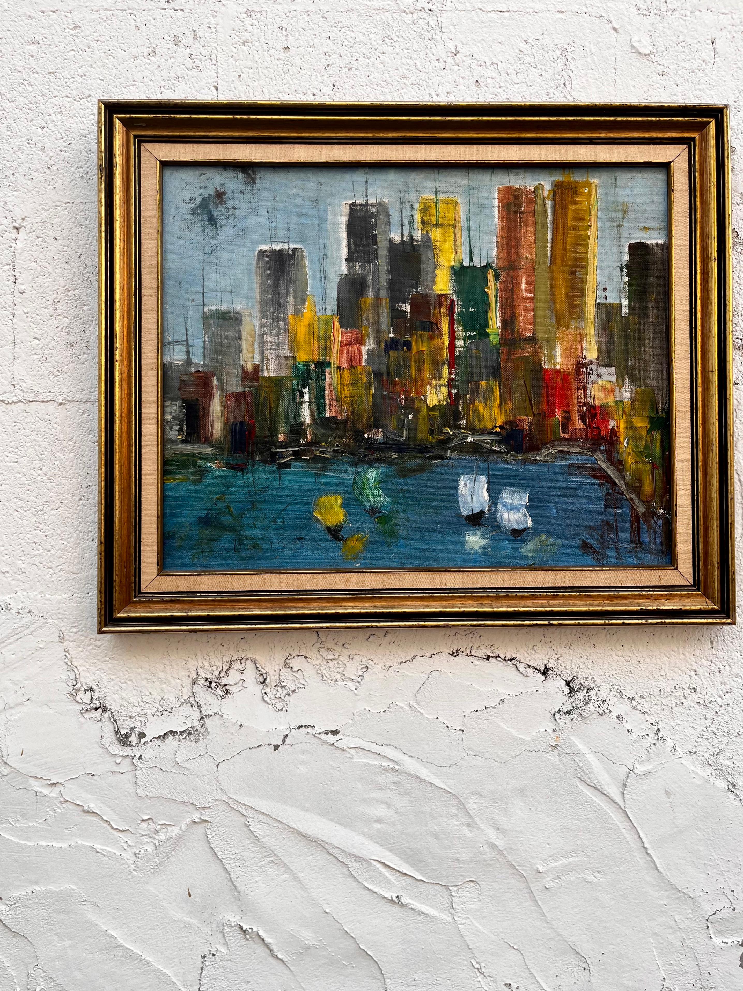 Peinture de paysage urbain moderne du milieu du siècle « Skyline v » signée M. Baker en vente 7