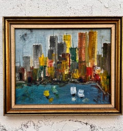 Vintage Mid-Century Modern Cityscape Painting "Skyline v" by M. Baker Signed