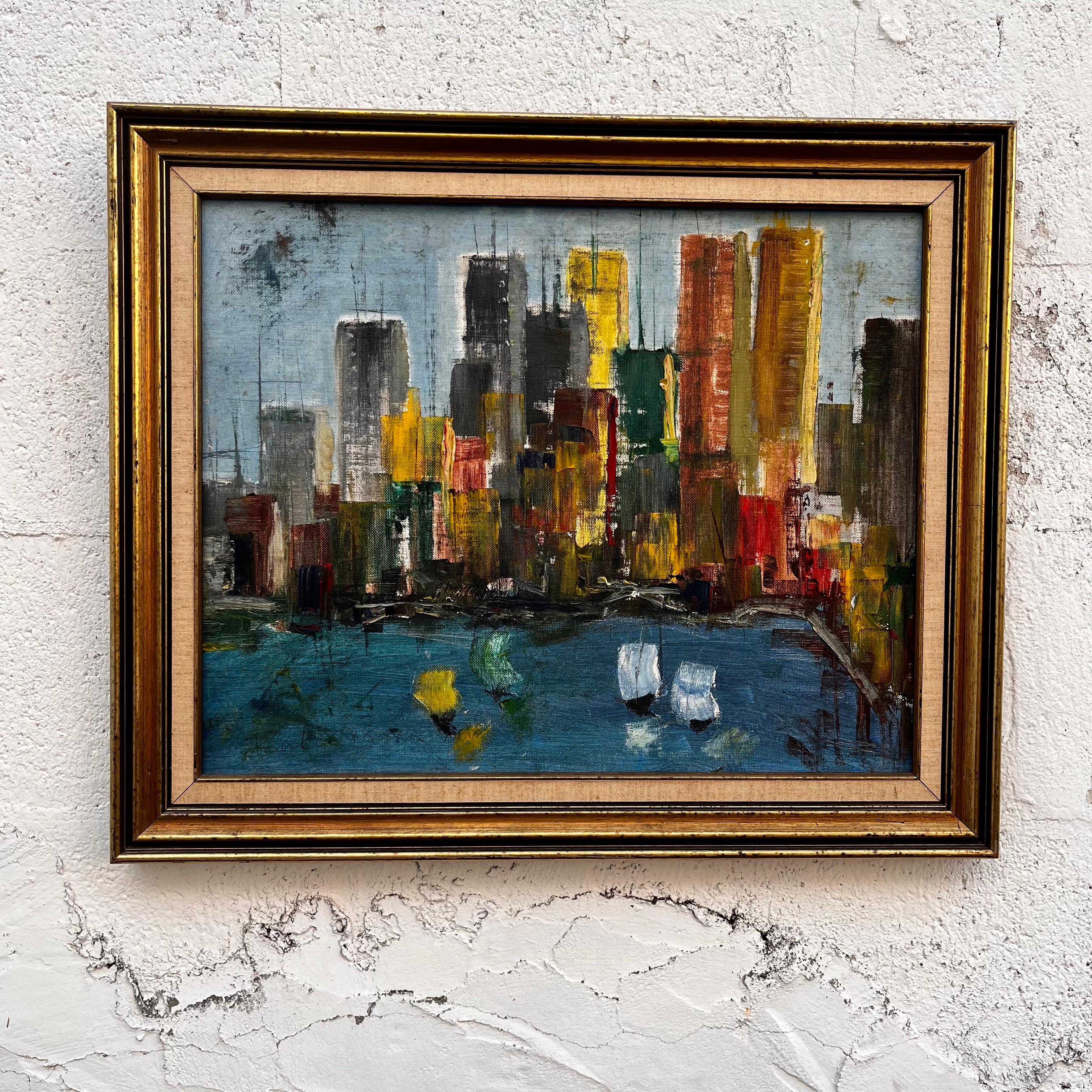 Mid-Century Modern Peinture de paysage urbain moderne du milieu du siècle « Skyline v » signée M. Baker en vente