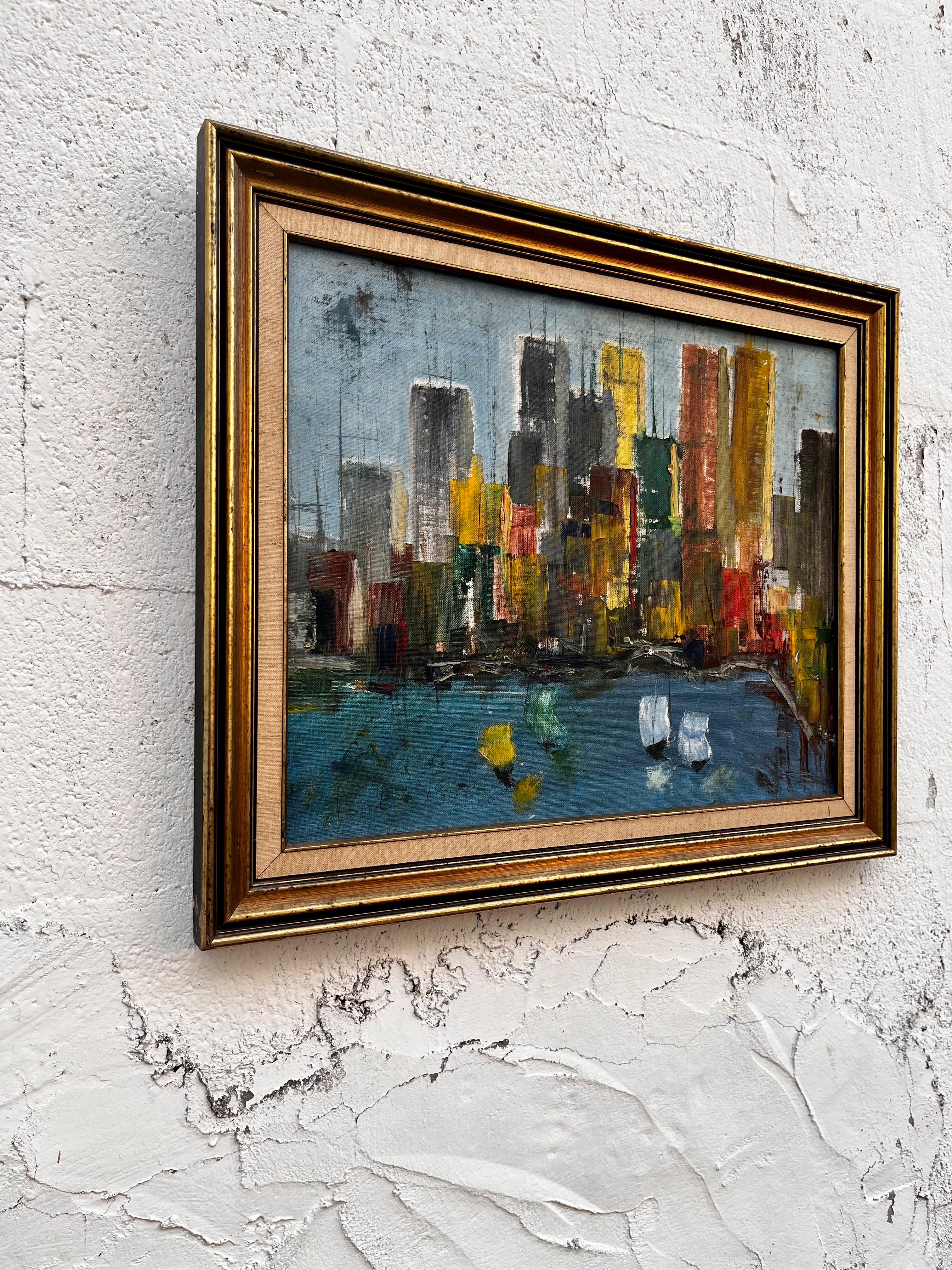 Américain Peinture de paysage urbain moderne du milieu du siècle « Skyline v » signée M. Baker en vente