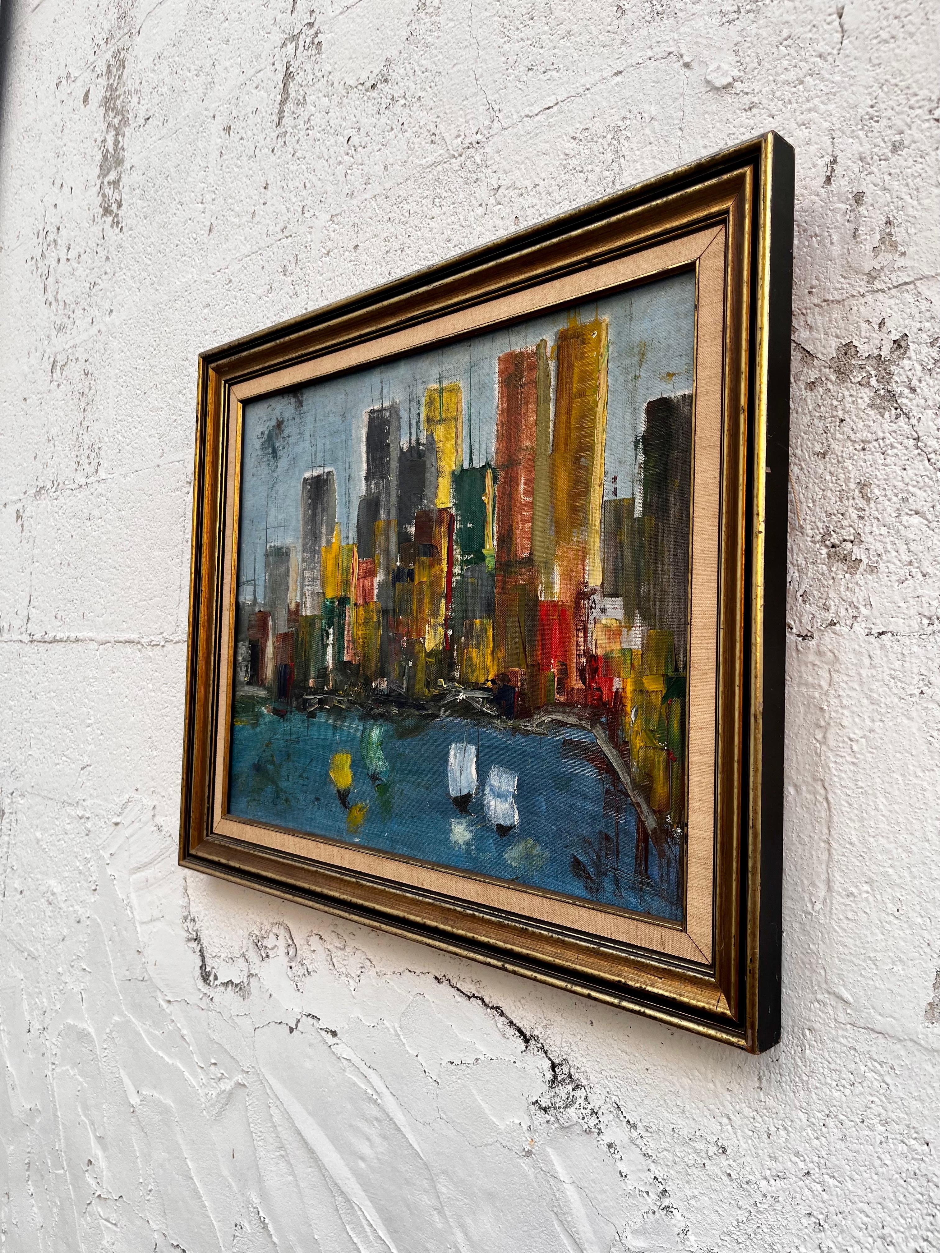 Peint à la main Peinture de paysage urbain moderne du milieu du siècle « Skyline v » signée M. Baker en vente