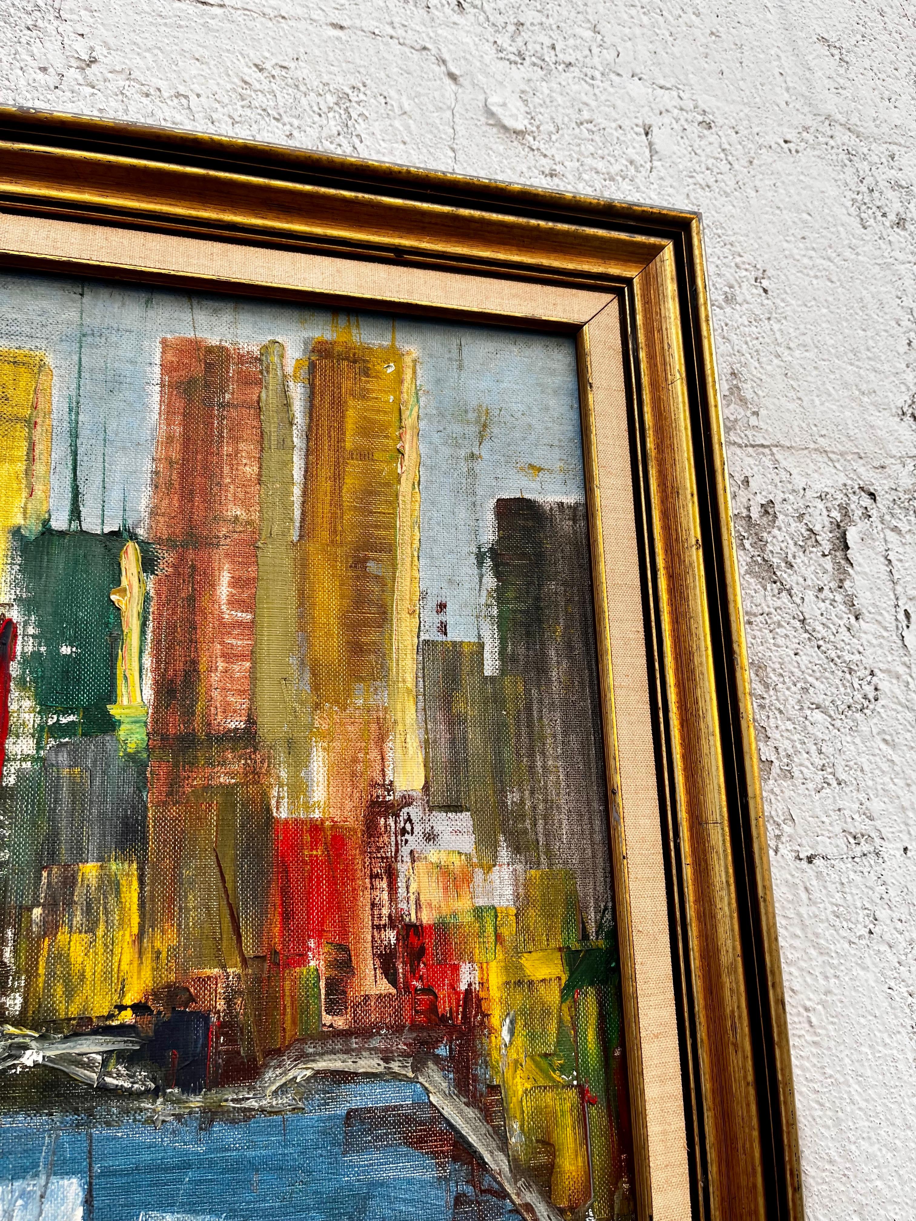 Hand-Painted Vintage Mid-Century Modern Cityscape Painting 