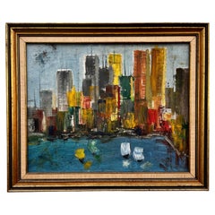Retro Mid-Century Modern Cityscape Painting "Skyline v" by M. Baker Signed