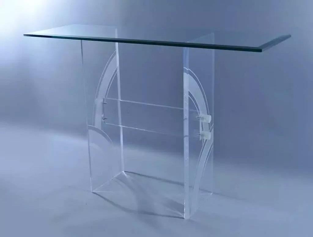Vintage Mid Century Modern Clear Etched Lucite & Glass Console Hall Sofa Table For Sale 4