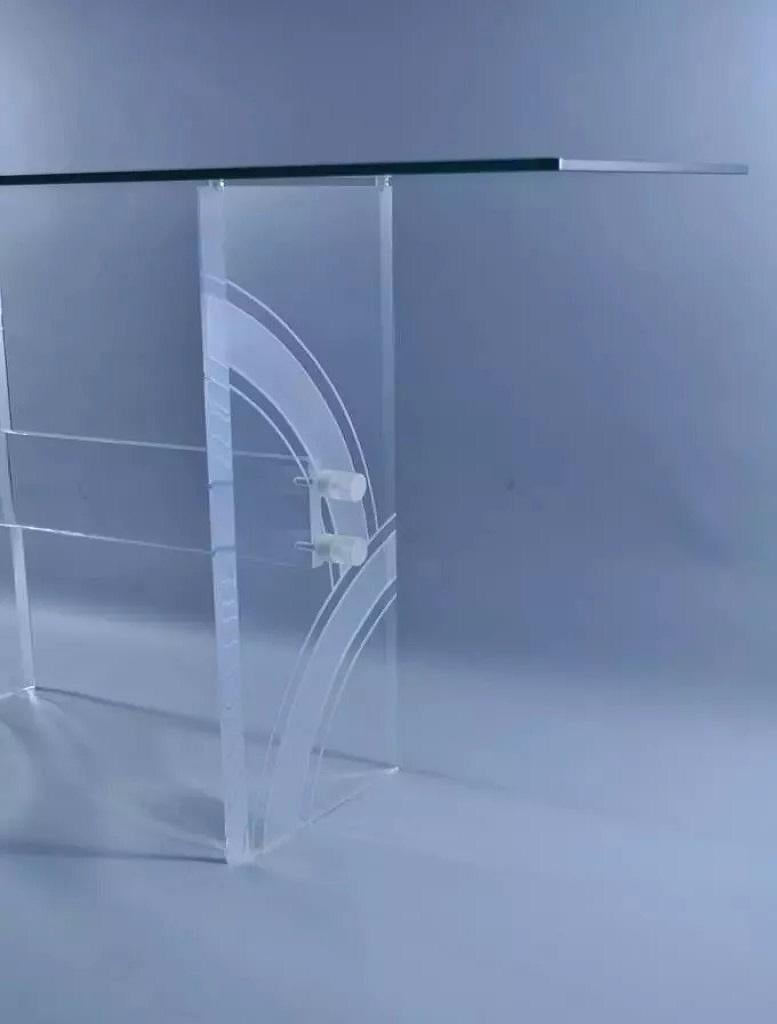 Unknown Vintage Mid Century Modern Clear Etched Lucite & Glass Console Hall Sofa Table For Sale