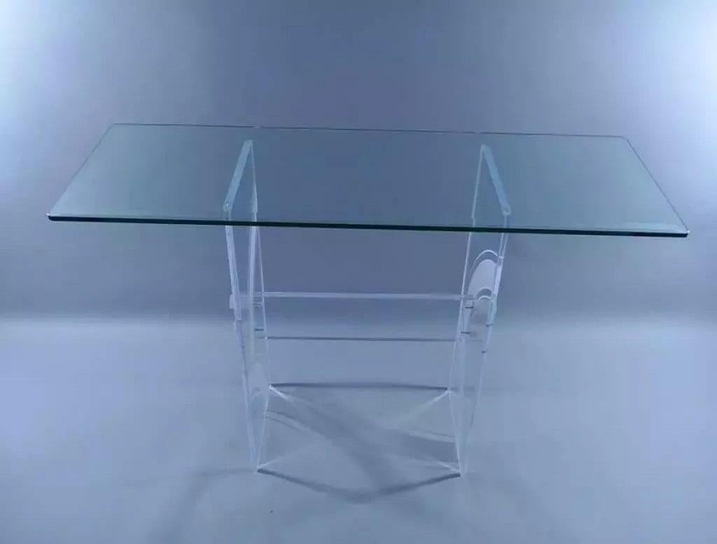 20th Century Vintage Mid Century Modern Clear Etched Lucite & Glass Console Hall Sofa Table For Sale
