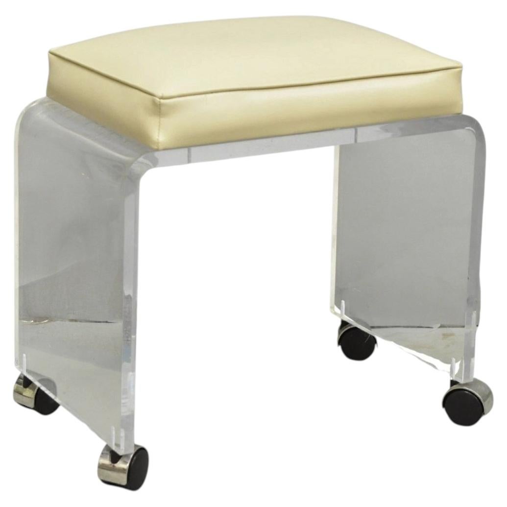 Vintage Mid Century Modern Clear Lucite Waterfall Vanity Bench Stool on Wheels